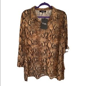 Portofino Express Brown Snakeskin Print Sheer Long Sleeve Button Down Blouse